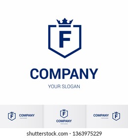 Illustration of Shield Badge-Shape with letter F in the Middle and Luxury Crown. Logo Icon Template for Web and Business Card, Letter Logo Template on White Background