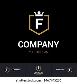 Illustration of Shield Badge-Shape with letter F in the Middle and Luxury Crown. Logo Icon Template for Web and Business Card, Letter Logo Template on Black Background