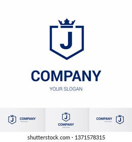 Illustration of Shield Badge-Shape with letter J in the Middle and Luxury Crown. Logo Icon Template for Web and Business Card, Letter Logo Template on White Background