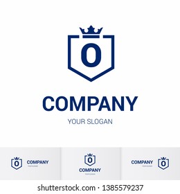 Illustration of Shield Badge-Shape with letter O in the Middle and Luxury Crown. Logo Icon Template for Web and Business Card, Letter Logo Template on White Background
