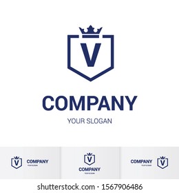 Illustration of Shield Badge-Shape with letter V in the Middle and Luxury Crown. Logo Icon Template for Web and Business Card, Letter Logo Template on White Background