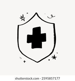 Illustration of a shield with a cross symbol. The shield is simple, with a cross at its center. Stars and swirls surround the shield, adding decorative elements. Doodle illustration vector.