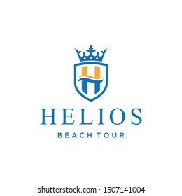 Illustration of a shield with a crown on top and an H mark with waves in it logo design