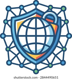 Illustration of a shield with globe symbolizing secure global network technology connections