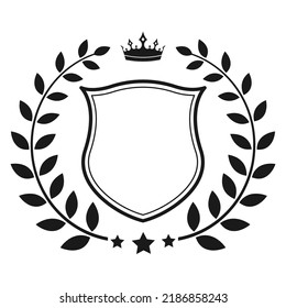 Illustration of a shield with a laurel wreath and a crown on a white background