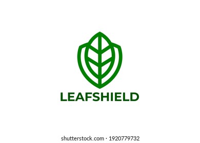 illustration of shield and leaf. nature logo vector with monoline style.