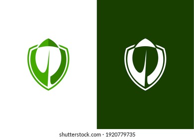 Illustration von Schild und Blatt. Naturlogo, Vektorgrafik.