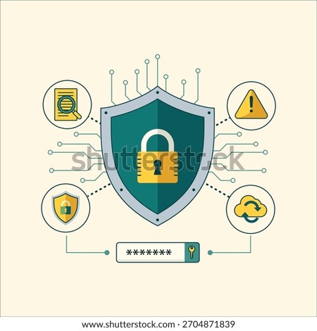 Illustration of a shield with a padlock surrounded by icons representing password security, data protection, warnings, and cloud backup.