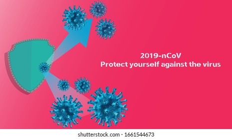 Illustration of a shield protecting against the corona virus 2019nCoV with a red background