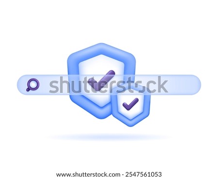 illustration of shield with search bar. concept of search privacy and security. safe search. protection and security from harmful information. symbol or icon. minimalist 3d style design. element