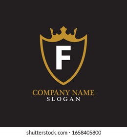 Illustration of Shield Shape with letter F in the middle and Luxury Crown. Logo Icon Template for Web and Business Card, Letter Logo Template on Black Background