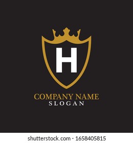 Ilustración de la forma Escudo con la letra H en el medio y la corona de lujo. Plantilla de icono de logotipo para Web y tarjetas de presentación, plantilla de logotipo de carta en fondo negro