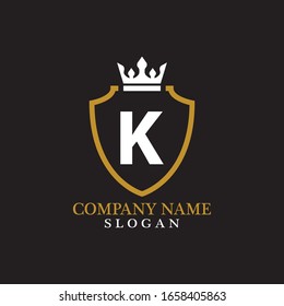 Illustration of Shield Shape with letter K in the middle and Luxury Crown. Logo Icon Template for Web and Business Card, Letter Logo Template on Black Background