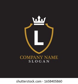 Illustration of Shield Shape with letter L in the middle and Luxury Crown. Logo Icon Template for Web and Business Card, Letter Logo Template on Black Background