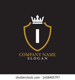Illustration of Shield Shape with letter I in the middle and Luxury Crown. Logo Icon Template for Web and Business Card, Letter Logo Template on Black Background