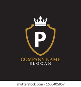 Illustration of Shield Shape with letter P in the middle and Luxury Crown. Logo Icon Template for Web and Business Card, Letter Logo Template on Black Background