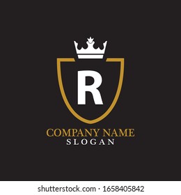 Illustration of Shield Shape with letter R in the middle and Luxury Crown. Logo Icon Template for Web and Business Card, Letter Logo Template on Black Background