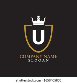 Illustration of Shield Shape with letter U in the middle and Luxury Crown. Logo Icon Template for Web and Business Card, Letter Logo Template on Black Background