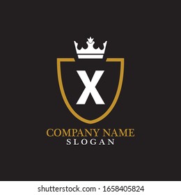 Ilustración de forma Escudo con letra X en el medio y la corona de lujo. Plantilla de icono de logotipo para Web y tarjetas de presentación, plantilla de logotipo de carta en fondo negro