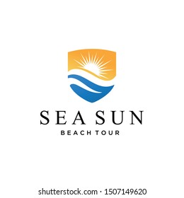 Illustration of shield sign with beautiful waves and morning sun logo design