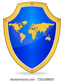 Illustration of a shield with the silhouette of map the world isolated on white background