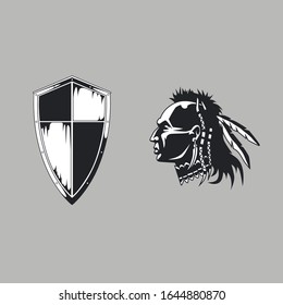 The illustration of shield and the silhouette of native american