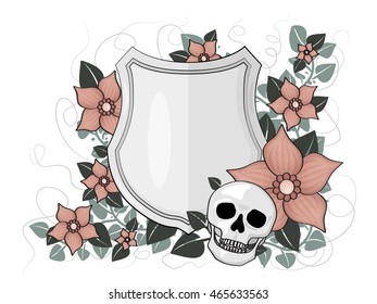Illustration of shield with skull and floral decorations.