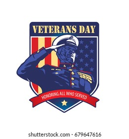 Illustration of Shield with Soldier saluting against USA Flag. Veterans Day