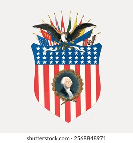 Illustration of a shield with stars and stripes, featuring an eagle and a portrait of a historical figure. Patriotic symbols and flags adorn the design. Vintage illustration isolated on white, vector.