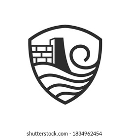 Illustration von Schild Mauer und Wasser, Dieses einfache Logo zeigt, wie eine Mauer Wellen widerstehen kann, was die Dauerhaftigkeit einer Wand darstellt.