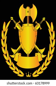 illustration shield and weapon with tape on black background