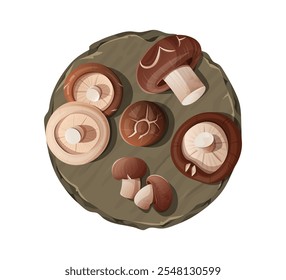 Illustration der Shiitake-Pilze von oben betrachtet, angeordnet auf einem rustikalen Schiefertafel, ideal für kulinarische oder natürliche Themen.