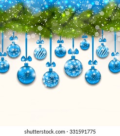 Illustration Shimmering Light Wallpaper with Fir Branches and Blue Glassy Balls for Happy Winter Holidays - Vector