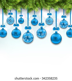 Illustration Shimmering Light Wallpaper with Fir Branches and Blue Glassy Balls for Happy Winter Holidays - Vector