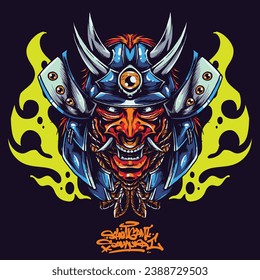 illustration of a shinigami head wearing a horned samurai helmet.
for t-shirt design, posters, stickers, tattoos and other purposes