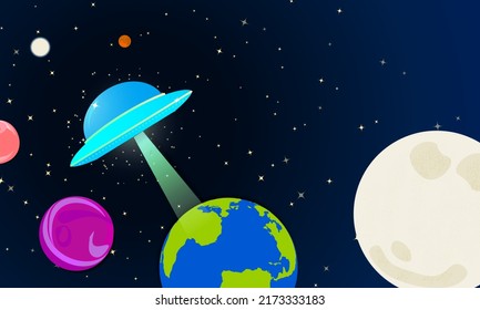 Illustration of shiny blue UFO abducting human doodle from earth in space with space elements and planets on background. Editable Vector Template with copy space. Perfect for backgrounds, banners.