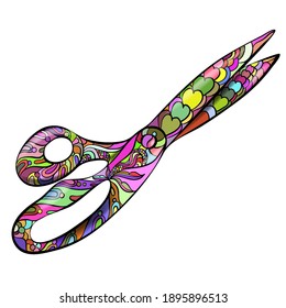 Illustration of shiny cutting scissors for sewing, zentangle pattern style, sewing supplies with a 3D pattern with floral ornament