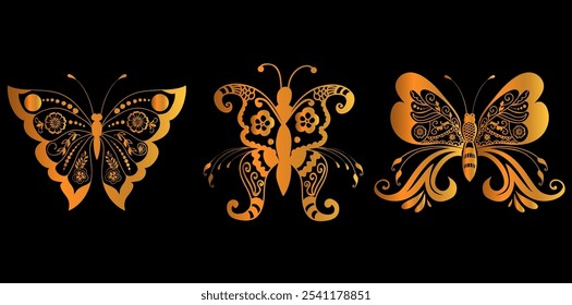 Illustration Of Shiny Golden Butterflies, Decorative Elements Use For Wedding Invitation Card. 