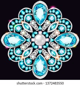 An illustration of a shiny pendant brooch with precious stones. Filigree Victorian ornaments. Design element