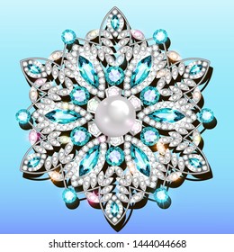 An illustration of a shiny pendant brooch with precious stones. Filigree Victorian ornaments. Design element