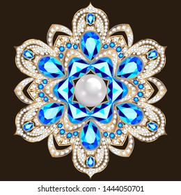 An illustration of a shiny pendant brooch with precious stones. Filigree Victorian ornaments. Design element