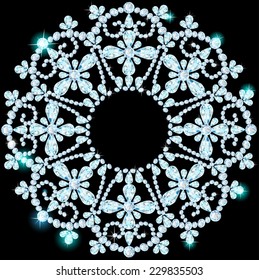 illustration shiny snowflake made of precious stones on black background