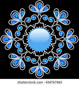 illustration shiny snowflake made of precious stones on black background