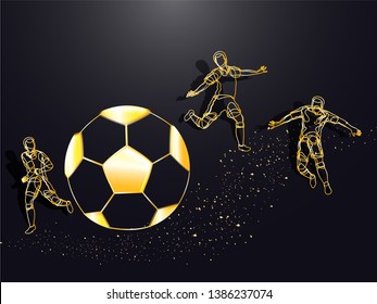 Illustration of shiny soccer ball and football players in line art on black background for Soccer League banner or poster design.