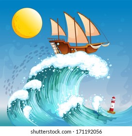 Illustration of a ship above the giant waves