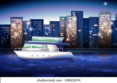 Illustration of a ship across the tall buildings