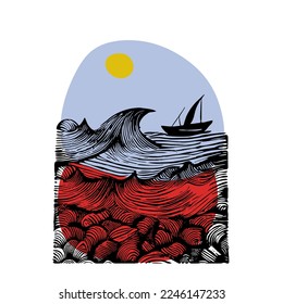 Illustration of a Ship Being Tossed About by Giant Waves. in the style of lino print.