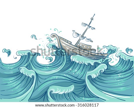 Illustration of a Ship Being Tossed About by Giant Waves