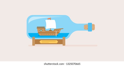 Illustration ship in a bottle flat
