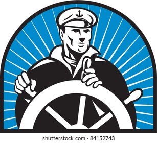 illustration of a ship captain helmsman sailor at the helm steering wheel facing front with sunburst in background